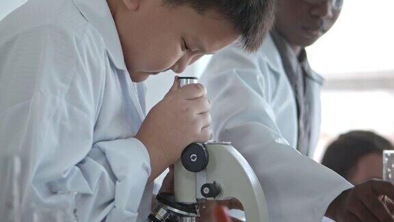 可爱的男孩和女孩正在做科学实验