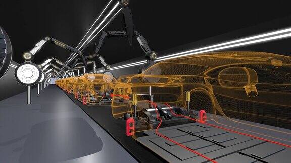 一家高科技工厂的机器人手臂正在生产电动汽车