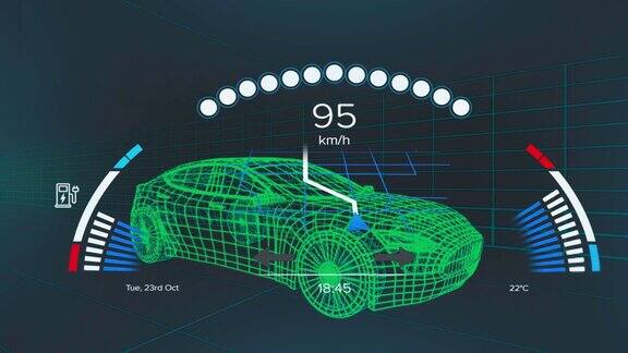 动画速度计gps和充电状态数据的车辆界面超过三维汽车模型