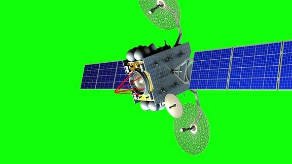 空间激光武器背景为绿色屏幕虚拟军事卫星在行星轨道上从科幻枪射击3d动画