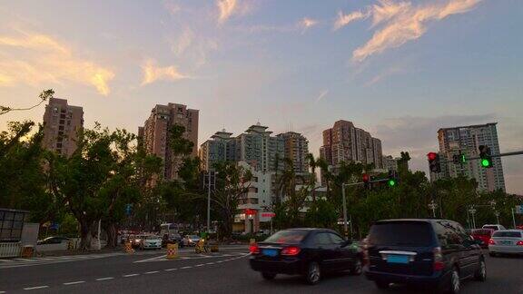 日落时间珠海城市交通街道十字路口全景4k时间流逝中国