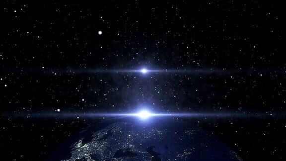 4K夜晚从外太空的地球耀斑和恒星运动图形和动画背景