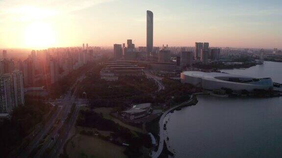 日出与CBD建筑中国苏州航拍