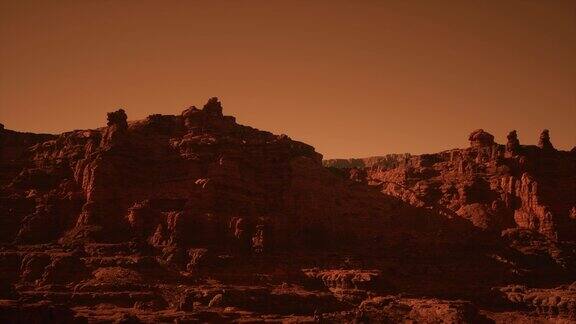在火星上的红色火星沙漠表面的空中侧面拍摄科幻岩石景观
