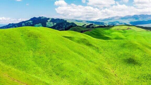 空中拍摄的新疆那拉提草原上的绿草和山地景观