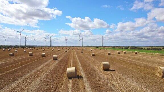 一段航拍视频展示了一排排美丽的风力涡轮机在林肯郡农民刚刚收获的田地里优雅地旋转金色的干草捆突出了这一点