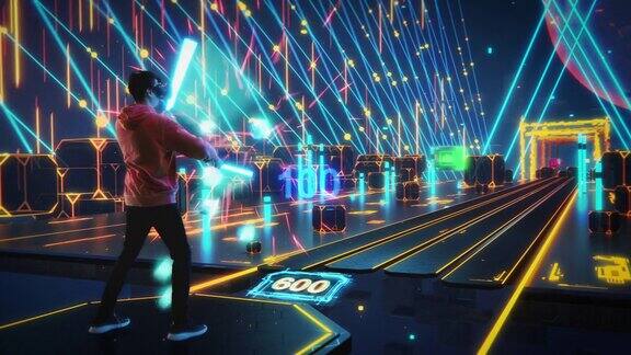 高级3D动画:玩家戴着虚拟现实耳机玩增强现实街机视频游戏用激光剑战斗方块得分丰富多彩的身临其境乐趣、娱乐