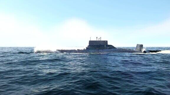 一艘核动力军用潜艇在无边无际的蓝色海洋上缓慢航行