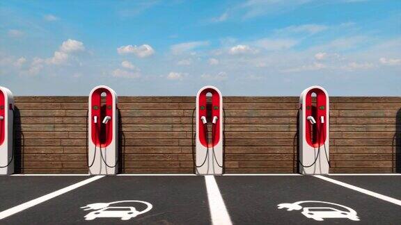 一种户外电动汽车充电设施有一排红色的汽车充电器