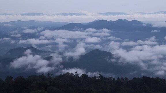 随着时间的推移在热带雨林山周围的薄雾泰国
