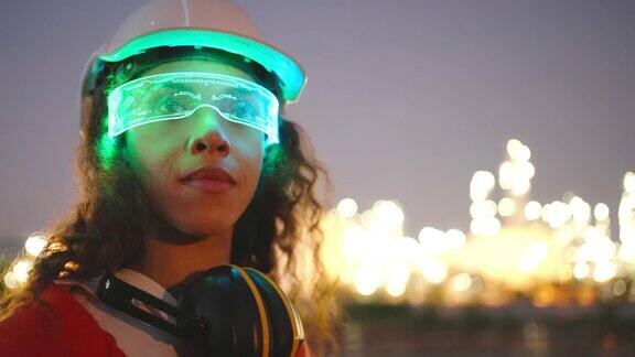 白种人或中东工程师戴着高科技人工智能眼镜或虚拟现实眼镜使用对讲机检查炼油厂的状况