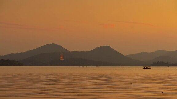 日落时间杭州著名的湖山湾时光流逝的全景4k中国