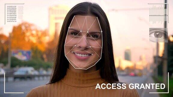 未来和技术扫描的面孔一个美丽的女人的面部识别和扫描的人