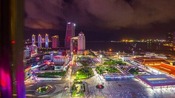 中国夜时间珠海市拱北口岸入境交通广场街景4k时间