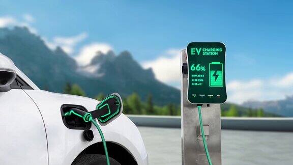 电动汽车在山区用未来派的电动汽车充电器给电池充电细读