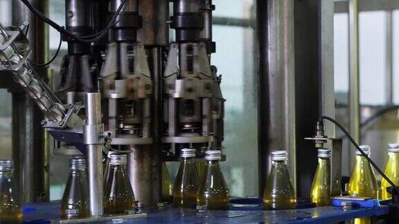 瓶子厂工人在生产线上检查瓶子