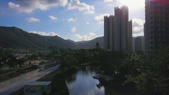 珠海市晴天居住公寓小区江湖航拍全景4k中国