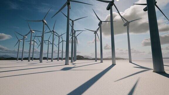 盐湖上的风力涡轮机绿色能源概念天空和云的延时视频