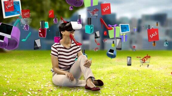 女人使用虚拟现实耳机与数字生成的销售图标4k