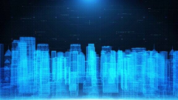 HUD智能数字城市网络安全数字数据运动线框摩天大楼技术未来4K动画背景