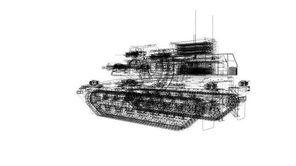 黑色细线的军用坦克线框的循环旋转动画坦克部队的未来全息图在白色背景循环-军用坦克旋转动画