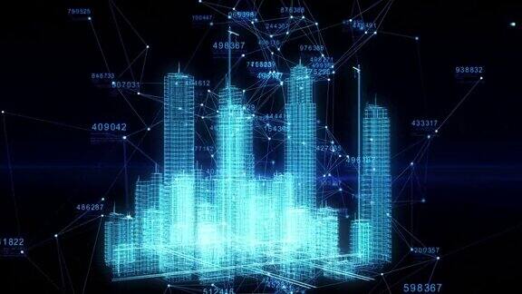 在网络空间中生长的抽象建筑的美丽全息图未来科技数字城市发展商业和技术概念