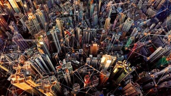 香港市区的数码网络连接线智慧城市中的金融区和商业中心在技术概念上摩天大楼和高层建筑的俯视图鸟瞰图