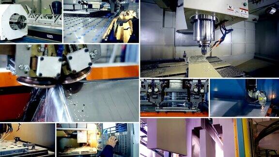 多屏幕蒙太奇现代工业工厂的机器工作
