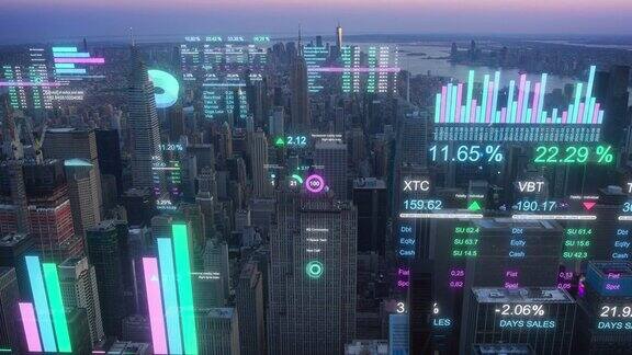 现代智慧城市概念:纽约市的空中直升机镜头与动画数字化视觉在地标商业建筑VFX数据与图形图表城市分析报告