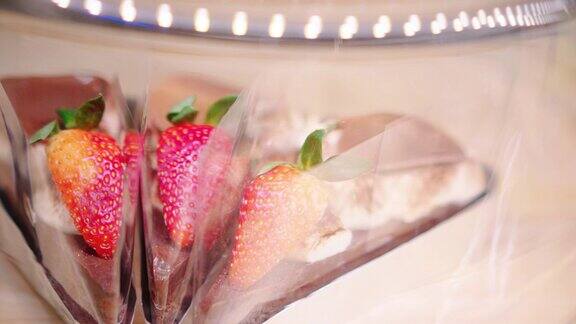 面包店玻璃柜里的草莓蛋糕