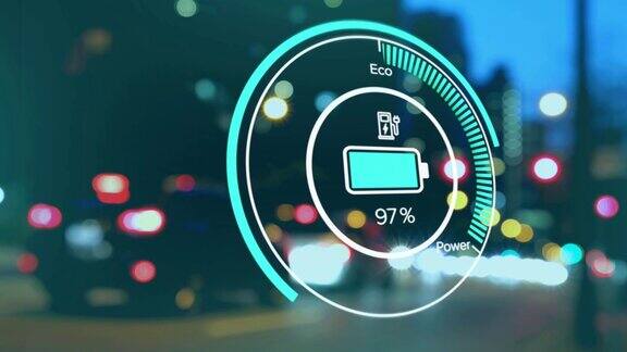 电动汽车界面充电状态数据变化的动画在城市夜间