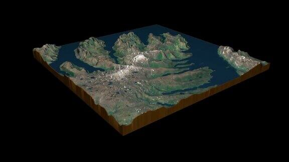冰岛峡湾地形地图3D渲染360度循环动画
