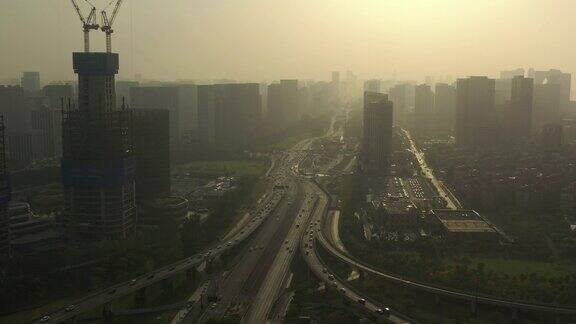 日落时分光杭州交通道路立交城市景观建设航拍全景4k中国