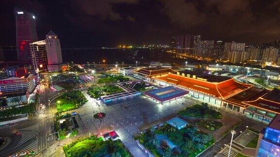 夜光照亮珠海市拱北口岸入口拥挤的广场屋顶全景4k时间流逝中国