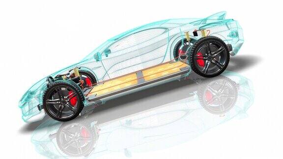 带有内部零件的现代通用电动汽车底盘可见锂电池
