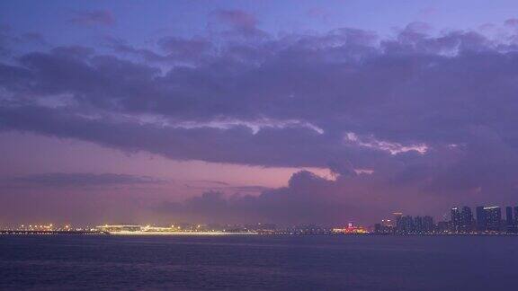 澳门城市湾日落时间珠海夜晚照明海岸线全景时间间隔4k中国