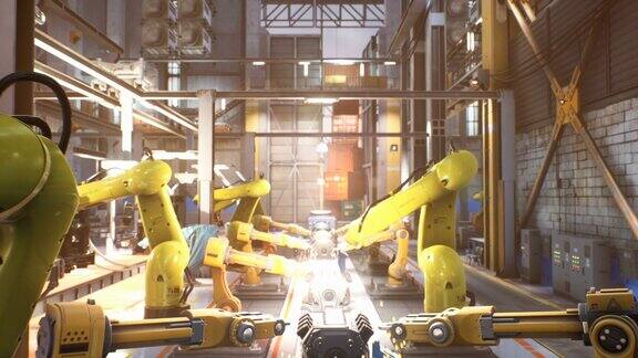 汽车工厂的自动化生产线焊接工作的特写用机器人焊机焊接线为汽车、工业和科幻背景制作的动画
