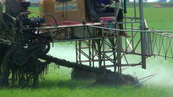 在稻田里喷洒农药的机械