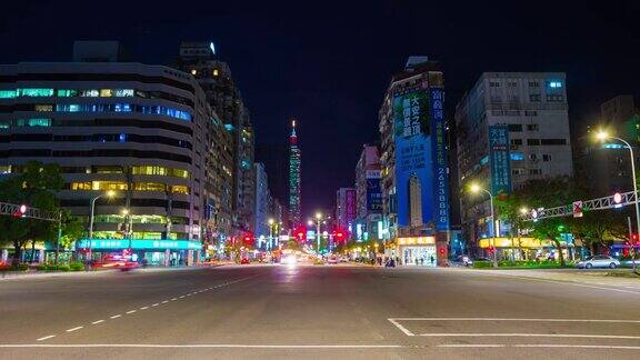 夜光照亮台北市中心交通街塔4k时间流逝台湾全景