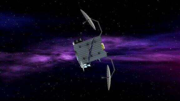 虚拟人造卫星在抽象空间星云背景下旋转无缝循环三维动画