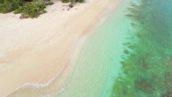 展示鸟瞰图的白色沙礁在加勒比海与绿松石水域