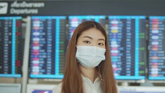 年轻的亚洲女子戴着口罩站在机场登机牌前看着摄像机