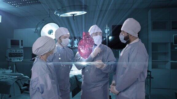 真人医生小组检查心脏状况从高科技投影射线虚拟现实与未来的HUD界面