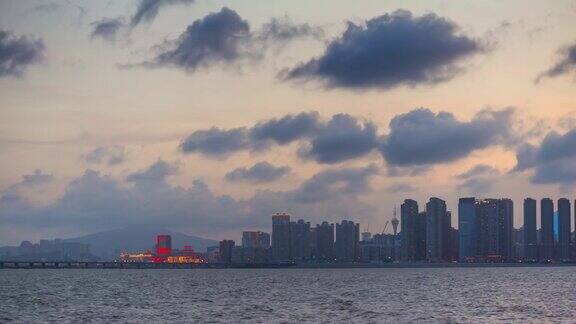 中国日落天空珠海城市景观海湾全景4k时间