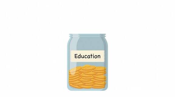 硬币落入玻璃罐中的2d动画图形存钱以备教育之用财经概念Alpha通道(透明背景)