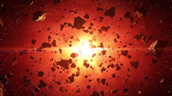 红太阳光线下的小行星群