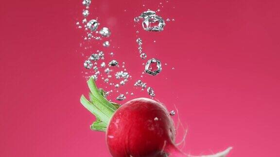 在粉色背景上萝卜落水并在慢动作中产生气泡