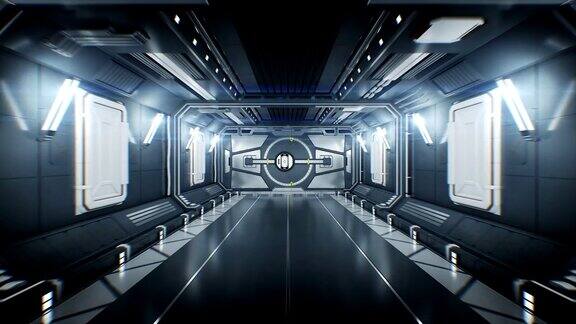 美丽的宇宙飞船隧道与打开的金属门和飞行通过它到白光带有Alpha通道的抽象未来主义3d动画