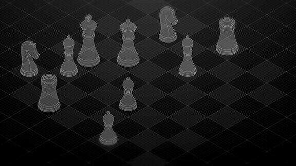 三维等距虚拟透明象棋与方形网格模式棋盘商业技术策略概念设计在黑色背景无缝循环动画4K与复制空间