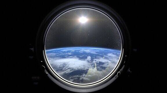 从宇宙飞船的舷窗看到的地球国际空间站绕地球运行现实的气氛3d体积云空间国际空间站4k